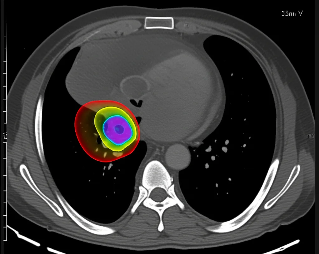 Visualizzazione 3D fotorealistica di una distribuzione di dose radioterapica sovrapposta a una TAC toracica, che mostra isodosi colorate (60%, 70%, 80%, 90%) attorno a un tumore polmonare (PTV). Particolare attenzione ai gradienti di dose ripidi e alla conformazione al bersaglio con la tecnica d-VMAT. Obiettivo prime 35mm, profondità di campo per evidenziare il PTV e le diverse linee di isodose.