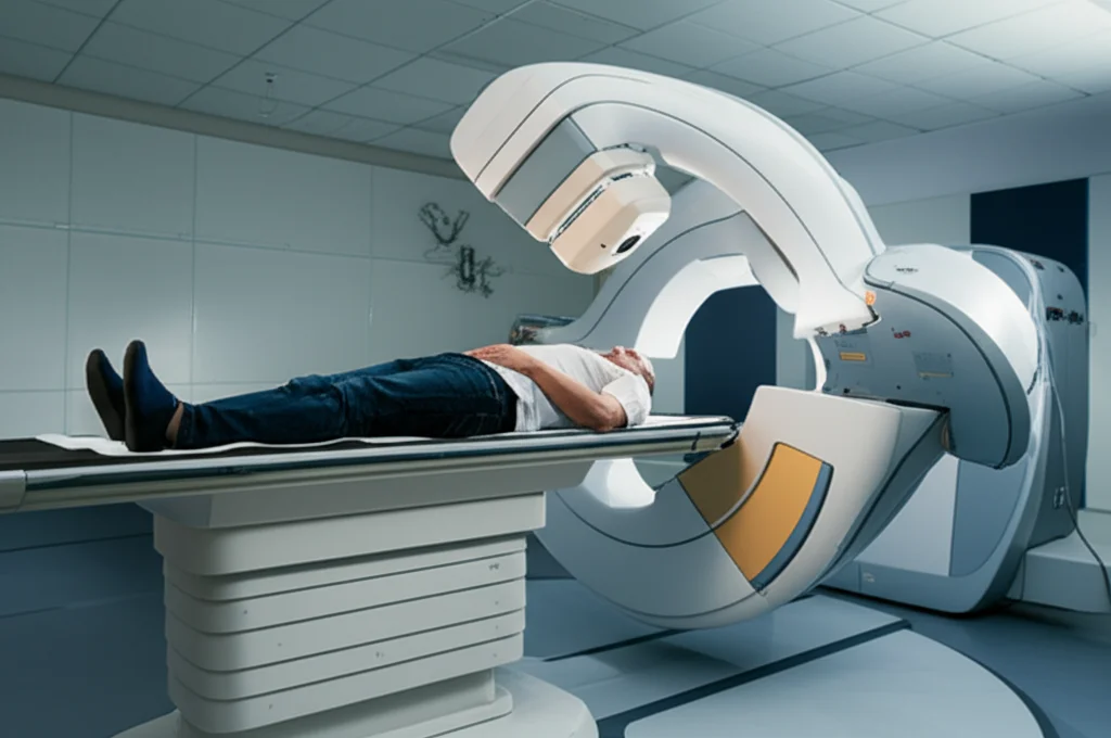 Un paziente oncologico sereno e confortevole durante una seduta di radioterapia SBRT polmonare, con l'acceleratore lineare visibile sullo sfondo, ma l'attenzione è sul comfort del paziente. L'ambiente è moderno, luminoso e rassicurante. Obiettivo prime 24mm, luce soffusa, per trasmettere un senso di rapidità e minor disagio grazie alla d-VMAT.