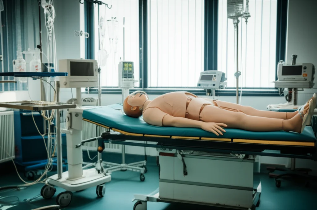 Un'aula di simulazione medica moderna e luminosa, con un manichino ad alta fedeltà al centro. Attrezzature mediche visibili, alcune monouso. Luce controllata, focus preciso sul manichino. Obiettivo 35mm, profondità di campo per enfatizzare il contesto educativo e le risorse utilizzate.