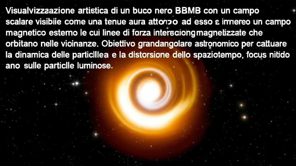 Visualizzazione artistica di un buco nero BBMB con un campo scalare visibile come una tenue aura attorno ad esso, immerso in un campo magnetico esterno le cui linee di forza interagiscono con particelle magnetizzate che orbitano nelle vicinanze. Obiettivo grandangolare astronomico, 10mm, lunga esposizione per catturare la dinamica delle particelle e la distorsione dello spaziotempo, focus nitido sull'orizzonte degli eventi e sulle particelle luminose.