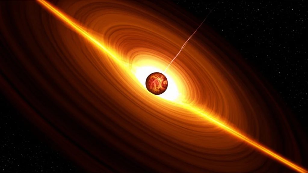 Illustrazione fotorealistica di due particelle magnetizzate che collidono vicino all'orizzonte degli eventi di un buco nero BBMB, generando un'esplosione di energia. L'ambiente è dominato da forti campi gravitazionali e magnetici. Obiettivo teleobiettivo zoom, 200mm, alta velocità dell'otturatore per congelare l'istante della collisione, tracciamento del movimento per le particelle ad alta velocità, con dettagli precisi sull'emissione di energia.