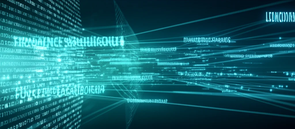Immagine fotorealistica di un flusso di dati futuristico con testo luminoso che rappresenta variabili mediche, filtrato da una rappresentazione astratta di un'IA. Obiettivo macro, 60mm, alto dettaglio, messa a fuoco precisa, illuminazione controllata, con tonalità duotone blu e verde per rappresentare dati e intelligenza artificiale.