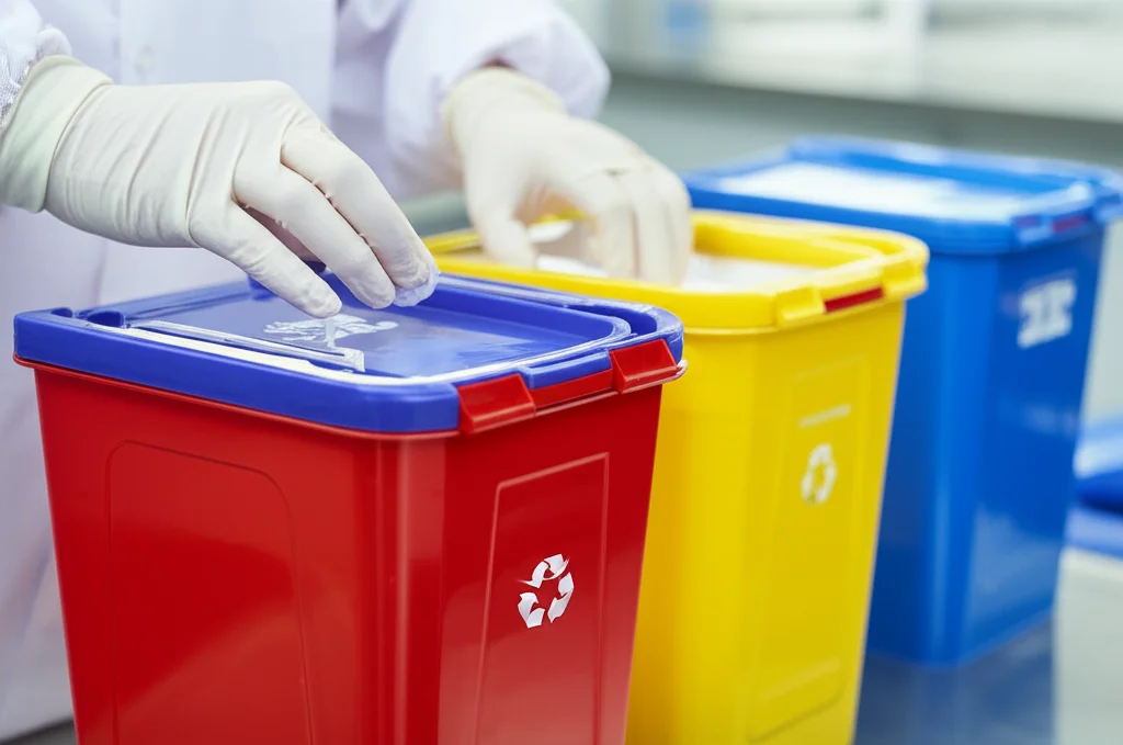 Primo piano di mani guantate che separano con cura rifiuti medici in contenitori colorati per il riciclo in un centro di simulazione. Macro lens, 60mm, alta definizione dei materiali, illuminazione controllata per evidenziare la texture dei rifiuti e dei contenitori.