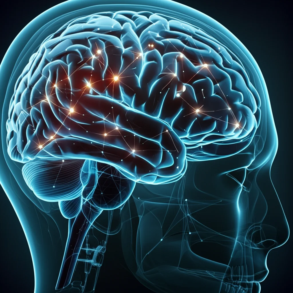 Rappresentazione fotorealistica di una complessa rete neurale all'interno di un cervello traslucido, con nodi specifici evidenziati che rappresentano i fattori di rischio per la demenza. Obiettivo fisso, 35mm, profondità di campo, stile film noir per un effetto drammatico e investigativo.
