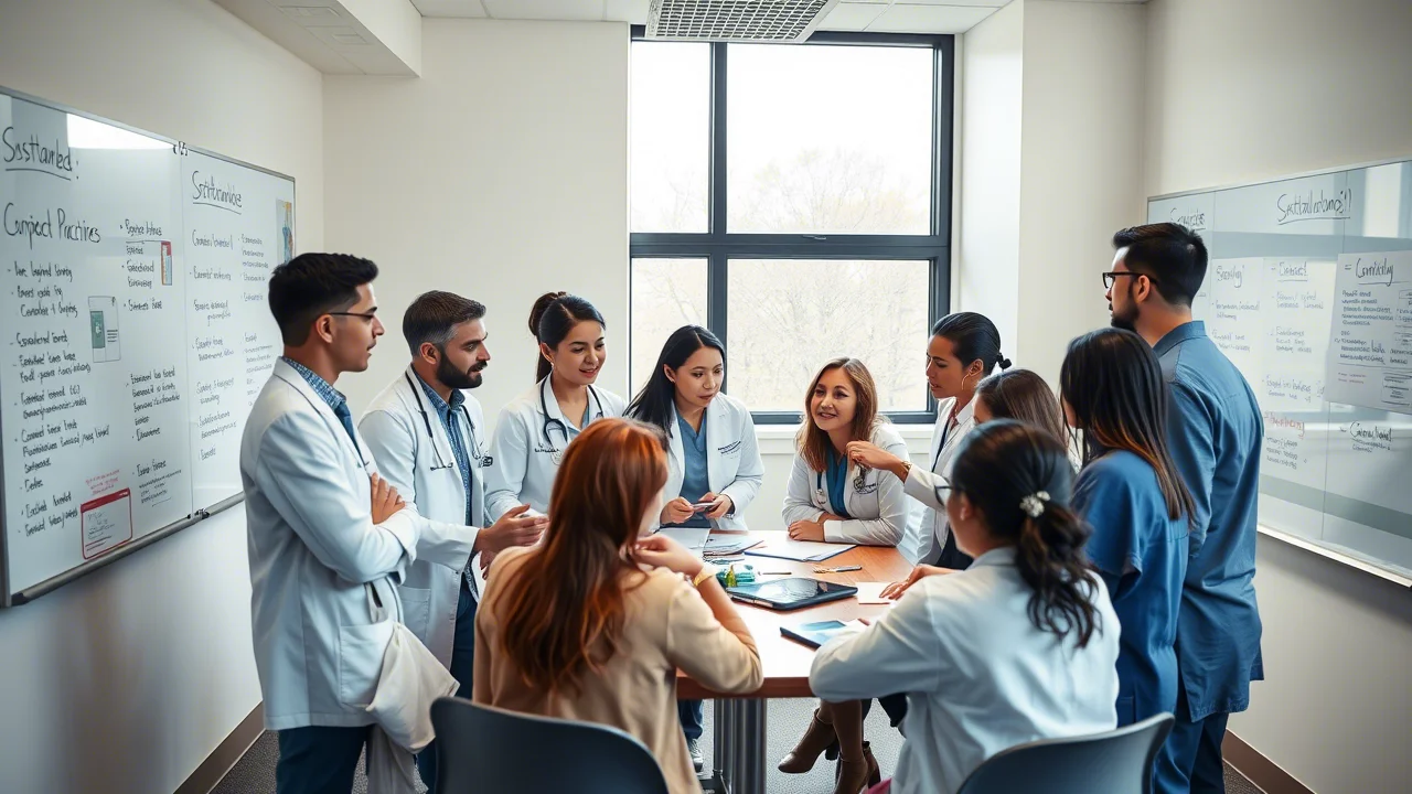 Un gruppo eterogeneo di studenti di medicina e formatori che discutono animatamente attorno a un tavolo in un centro di simulazione, con lavagne piene di appunti su pratiche sostenibili. Obiettivo 24mm, luce naturale da una finestra, atmosfera collaborativa e dinamica.