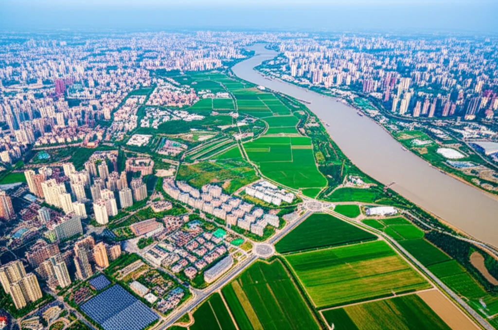 Veduta aerea del Delta del Fiume Yangtze, Cina, che mostra l'intreccio tra aree urbane moderne, campi agricoli rigogliosi, infrastrutture energetiche (come turbine eoliche o pannelli solari) e corsi d'acqua, il tutto sotto una luce mattutina diffusa. Obiettivo grandangolare 20mm, alta definizione, messa a fuoco nitida.
