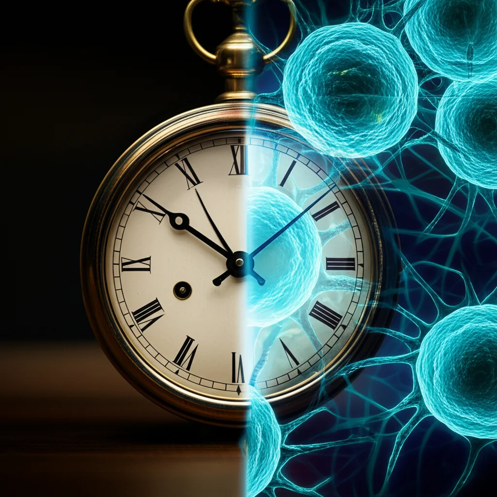 Immagine divisa fotorealistica: da un lato un orologio antico che rappresenta l'età cronologica, dall'altro una rappresentazione biologica dinamica e luminosa di cellule sane che simboleggia l'età biologica modificabile. Obiettivo macro, 100mm, alto dettaglio, illuminazione controllata per evidenziare il contrasto.
