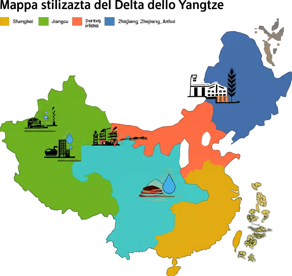 Mappa stilizzata del Delta dello Yangtze con le diverse province (Shanghai, Jiangsu, Zhejiang, Anhui) evidenziate con colori diversi, e piccole icone che simboleggiano le sfide specifiche (es. goccia d'acqua per scarsità idrica, fabbrica per energia, spiga di grano per cibo) in ciascuna area. Obiettivo normale 50mm, alta definizione, stile infografica chiara.