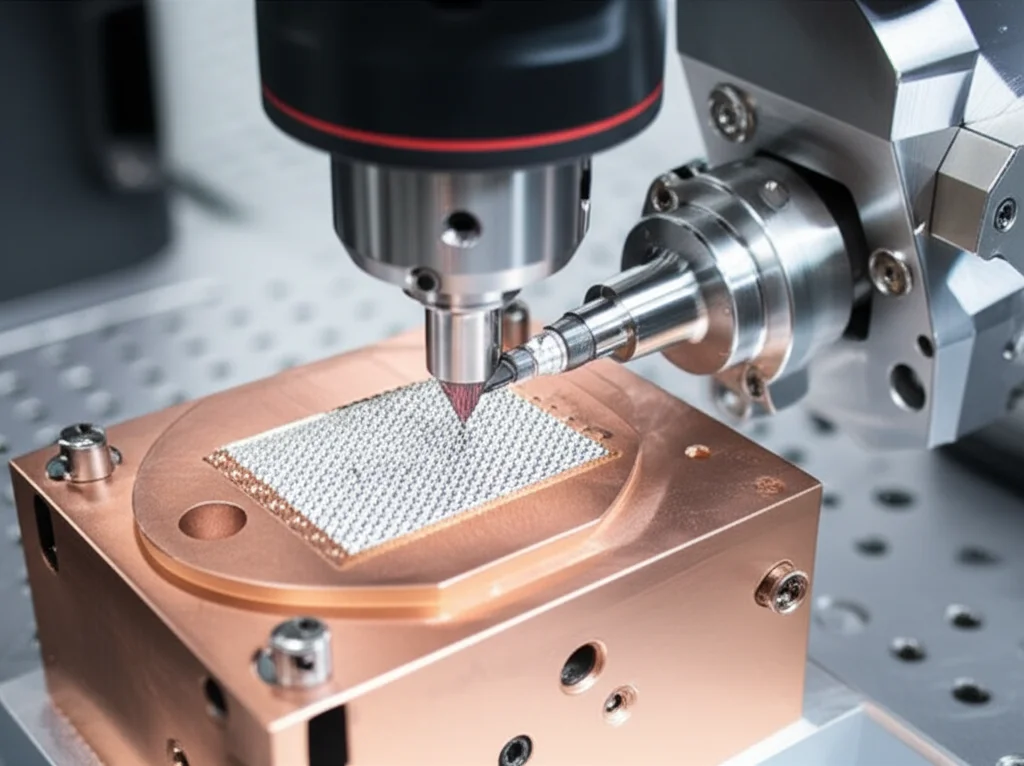 Fotografia di un setup di laboratorio per la tornitura a diamante di ultraprecisione, con il Fast Tool Servo in azione su un pezzo di rame. Dettaglio del mandrino e dell'utensile che lavora una matrice di microlenti. Obiettivo prime 35mm, profondità di campo per mettere a fuoco il componente chiave e l'interazione utensile-pezzo.