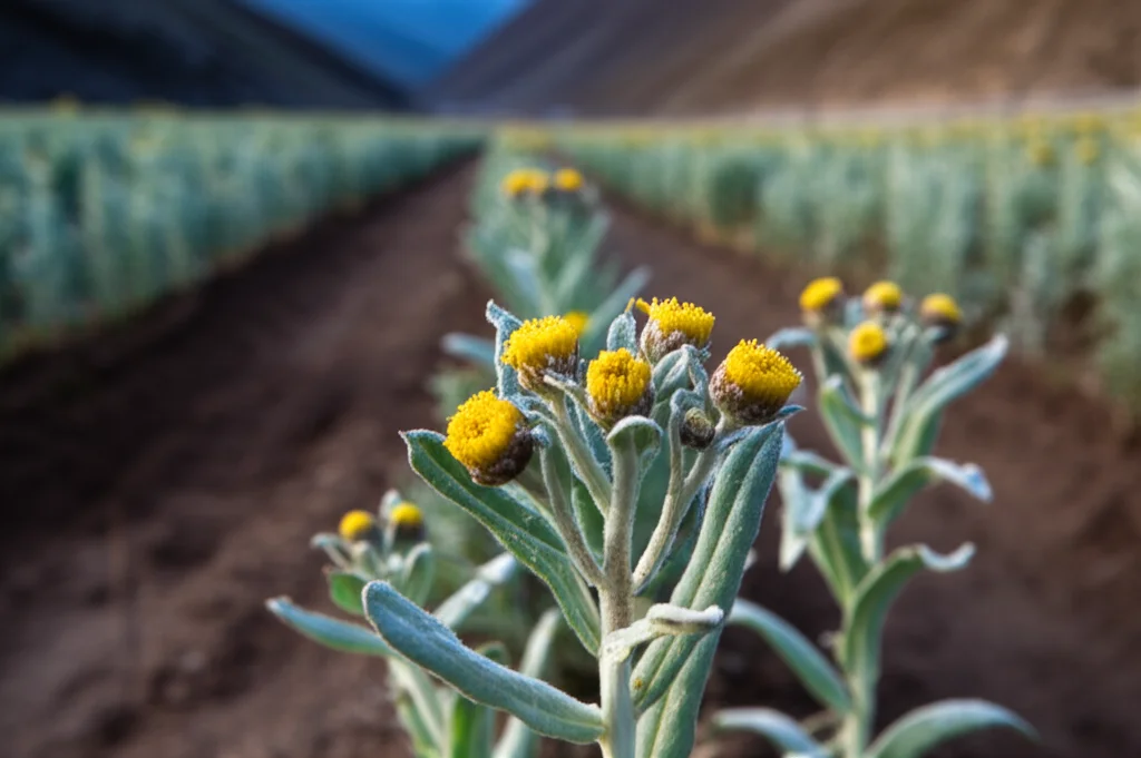 Macro fotografia di una pianta di Inula racemosa in un campo sperimentale, obiettivo macro 100mm, alta definizione, messa a fuoco precisa sulla struttura della foglia con gocce di rugiada, con lo sfondo sfocato che mostra altre piante disposte in file ordinate e il terreno arido tipico dell'Himalaya, illuminazione naturale del mattino.