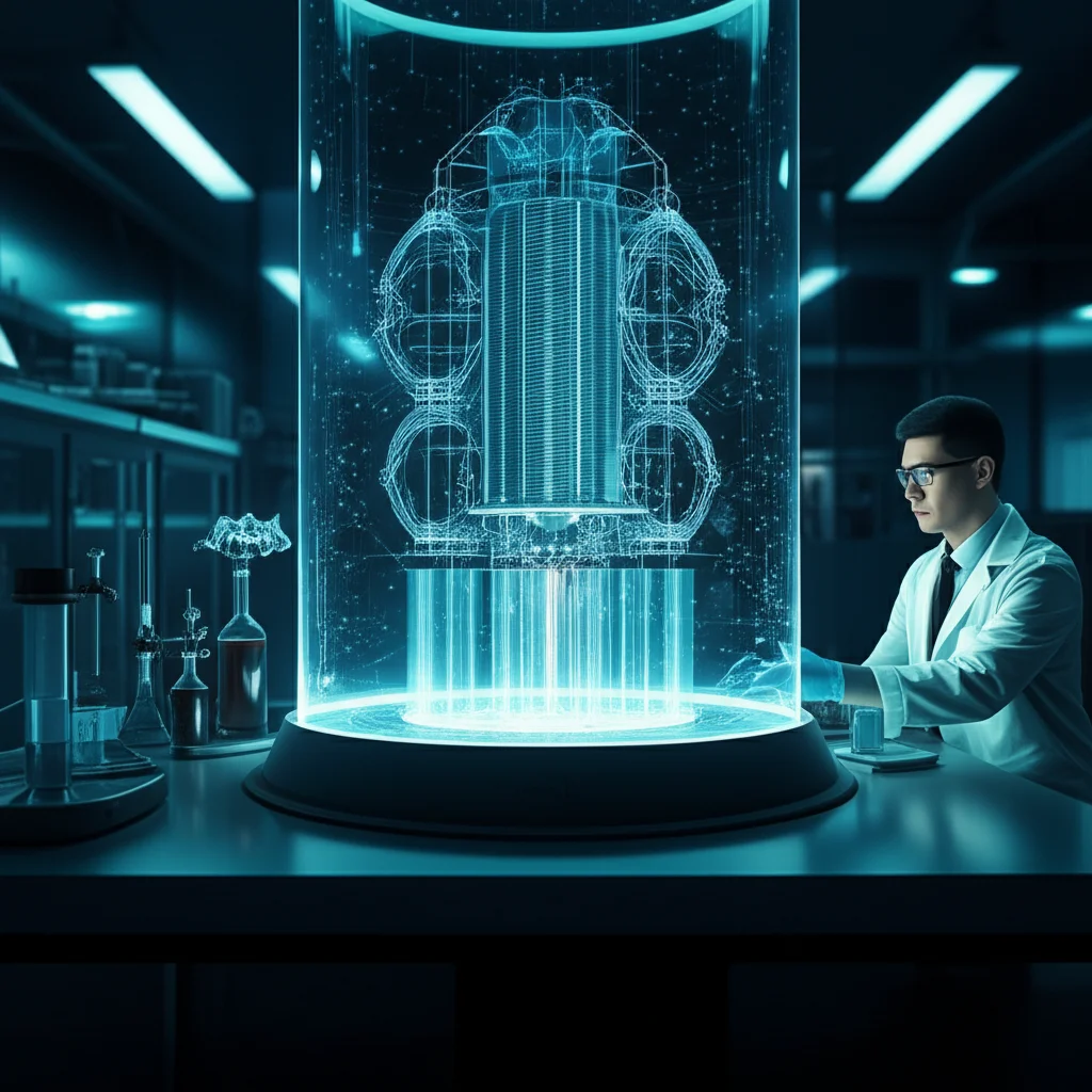 Un giovane ricercatore cinese osserva con attenzione un modello tridimensionale illuminato del sistema WEFELS su un tavolo olografico in un laboratorio futuristico, simboleggiando l'innovazione e la pianificazione per lo sviluppo sostenibile. Obiettivo 35mm, profondità di campo, illuminazione drammatica con toni blu e argento duotone.