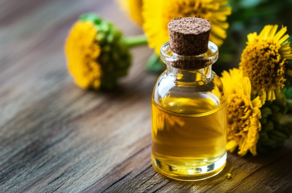 Still life di radici di Inula racemosa essiccate e polverizzate accanto a una boccetta di vetro scuro contenente olio essenziale, obiettivo macro 60mm, alta definizione, illuminazione controllata per evidenziare la texture della polvere e la lucentezza dell'olio, su un tavolo di legno rustico.