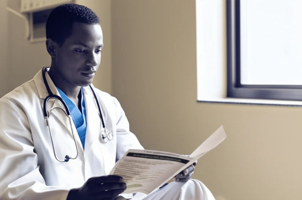 Un operatore sanitario somalo, con indosso un camice bianco, in un contesto clinico semplice e pulito, guarda con espressione concentrata e leggermente preoccupata un opuscolo informativo sulla febbre dengue. La luce è soffusa, proveniente da una finestra laterale. Obiettivo da ritratto 35mm, con una leggera profondità di campo che sfoca lo sfondo. Toni duotone, seppia e blu scuro, per un effetto drammatico ma che suggerisce speranza e dedizione.