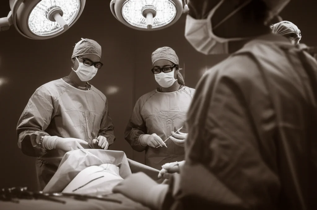 Fotografia di una sala operatoria moderna, prime lens 24mm, con un team chirurgico concentrato attorno al paziente. L'immagine è in bianco e nero con una leggera dominante seppia, per un effetto film noir, con profondità di campo che mette a fuoco il chirurgo principale.