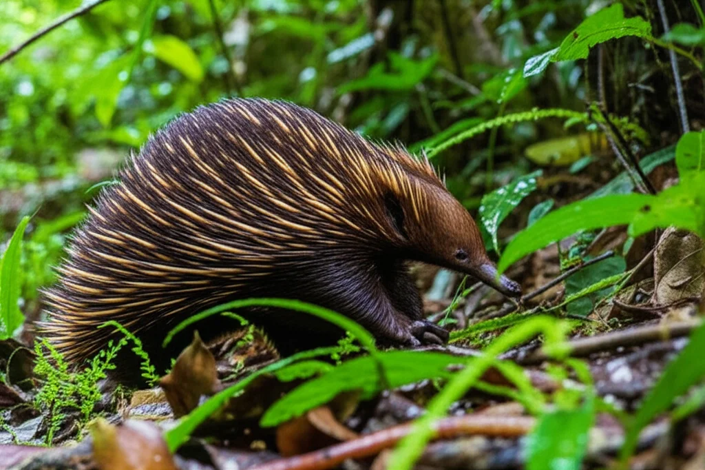 Fotografia naturalistica di un'echidna di Attenborough nel suo habitat forestale nelle Montagne dei Ciclopi, Nuova Guinea. Obiettivo macro 100mm, alta definizione, messa a fuoco precisa, illuminazione naturale filtrata dalla vegetazione, che mostra le sue spine e il lungo becco mentre fruga nel terreno.