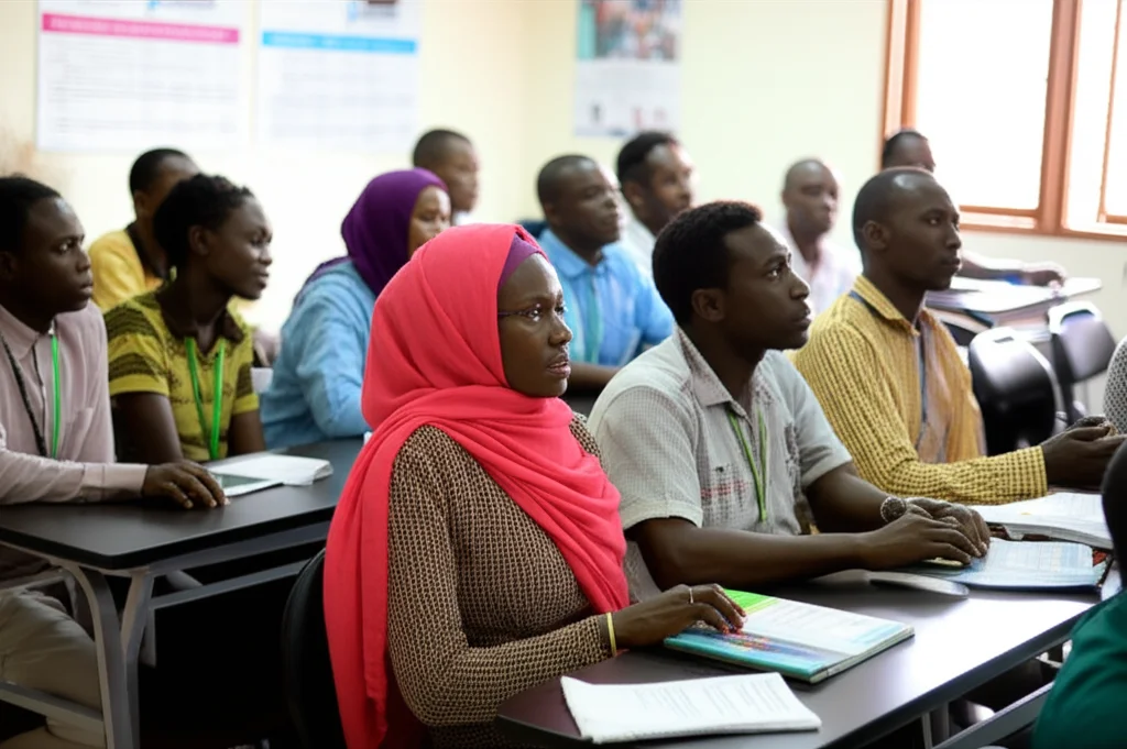 Un gruppo diversificato di operatori sanitari somali, uomini e donne, partecipa attivamente a una sessione di formazione sulla prevenzione della dengue. Alcuni prendono appunti, altri discutono animatamente. L'ambiente è una semplice aula, con poster informativi sulla dengue alle pareti. Obiettivo zoom 24-70mm per catturare l'interazione del gruppo, luce naturale brillante proveniente da ampie finestre, colori realistici e vivaci. Focus sull'espressione attenta e coinvolta dei partecipanti.