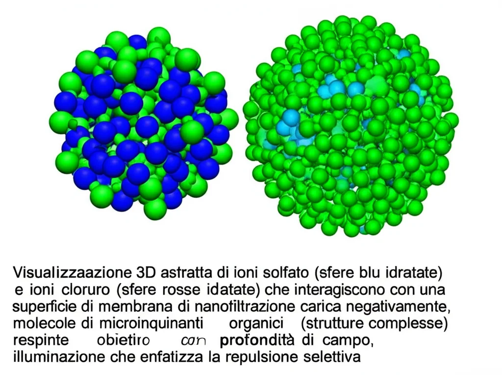 Visualizzazione 3D astratta di ioni solfato (sfere blu idratate) e ioni cloruro (sfere rosse idratate) che interagiscono con una superficie di membrana di nanofiltrazione carica negativamente, con molecole di microinquinanti organici (strutture complesse) respinte, obiettivo con profondità di campo, duotono blu e verde, illuminazione che enfatizza la repulsione selettiva.
