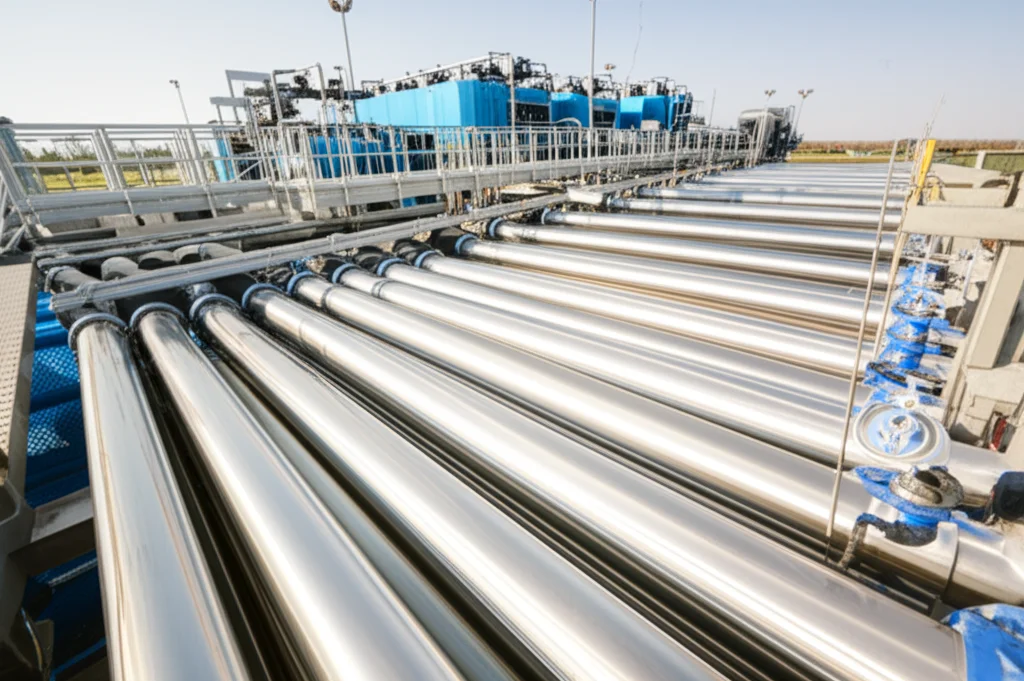 Fotografia grandangolare di un impianto di purificazione dell'acqua moderno e pulito, con tubi in acciaio inossidabile e moduli di filtrazione a membrana in primo piano, luce ambientale brillante e nitida, obiettivo grandangolare 18mm, che trasmette un senso di tecnologia avanzata e sostenibilità ambientale.