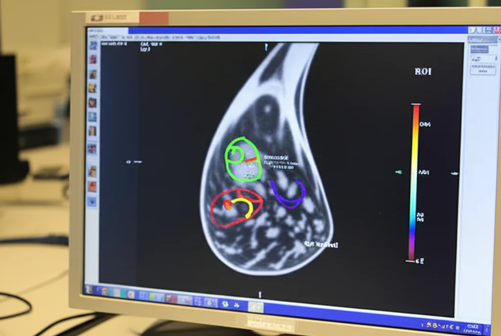Primo piano di uno schermo di computer che mostra un'immagine di risonanza magnetica del seno con sovrapposte delle regioni di interesse (ROI) colorate, una intratumorale e una peritumorale. Luce soffusa da laboratorio, obiettivo macro 70mm per dettaglio preciso sull'interfaccia software di analisi radiomica.