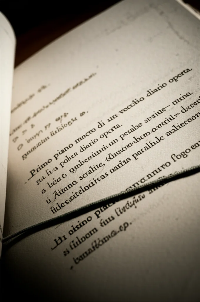 Primo piano macro di un vecchio diario aperto con parole scritte a mano, alcune sottolineate o cerchiate. Illuminazione controllata per evidenziare la texture della carta e l'inchiostro, simboleggiando l'analisi delle narrative autobiografiche e il peso delle parole. Focale 100mm, alta definizione, luce calda e soffusa.