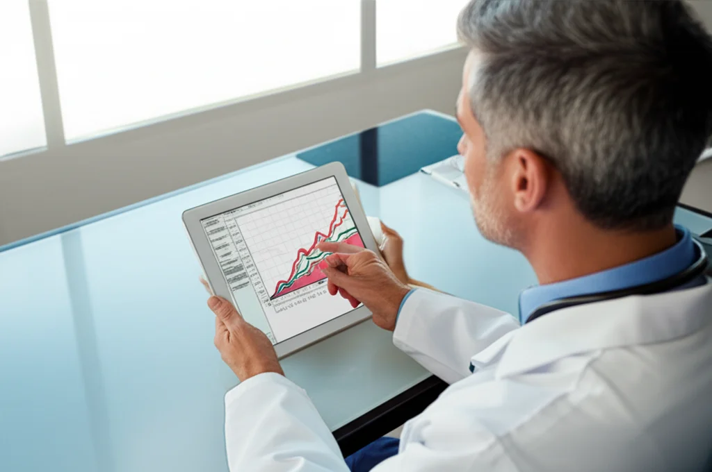 Un medico in camice bianco indica un nomogramma digitale visualizzato su un tablet ad alta risoluzione, in un ambiente clinico moderno e luminoso. Obiettivo prime 35mm, profondità di campo ridotta per focalizzare sul tablet e le mani del medico, luce naturale da una finestra.