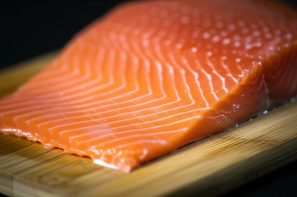 Macro fotografia di un filetto di salmone crudo fresco su un tagliere di legno scuro, illuminazione da studio controllata per evidenziare la texture e i dettagli della carne, obiettivo macro 100mm, messa a fuoco precisa sulla superficie del pesce dove potrebbero annidarsi batteri invisibili.