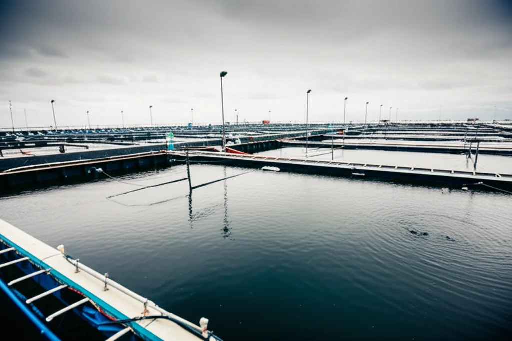 Fotografia grandangolare di un impianto di acquacoltura con vasche di allevamento di pesci, cielo nuvoloso, obiettivo grandangolare 18mm, lunga esposizione per rendere l'acqua liscia, focus nitido sulle strutture, suggerendo la complessità del controllo della contaminazione batterica in questi ambienti.