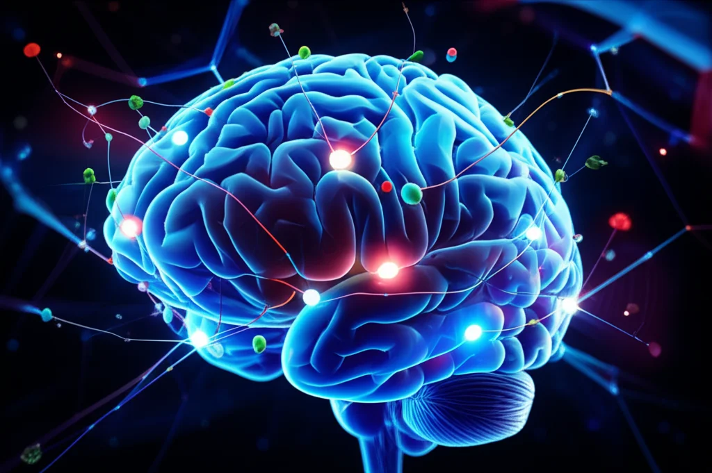 Visualizzazione 3D astratta di una sezione di cervello con reti neurali luminose e molecole colorate (metaboliti, lipidi, glicani) che fluttuano e si interconnettono. Prime lens, 35mm, Depth of field, illuminazione drammatica con toni blu e viola per un effetto futuristico e high-tech.