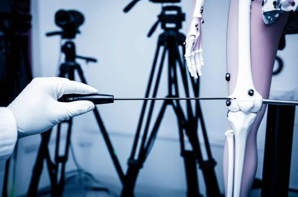 Fotografia realistica di un laboratorio di analisi del movimento. In primo piano, una mano guantata da laboratorio che tiene un puntatore strumentato con marker riflettenti, puntato con precisione verso un modello anatomico di un'articolazione del ginocchio su cui sono applicati altri marker. Sullo sfondo, diverse telecamere a infrarossi del sistema mocap sono montate su treppiedi e puntate verso l'area di lavoro. L'illuminazione è quella tipica di un laboratorio, controllata e diffusa, che fa risaltare i dettagli nitidi del puntatore e del modello. Lente prime, 35mm, con una leggera profondità di campo per mantenere a fuoco il puntatore e il modello, sfocando leggermente lo sfondo. Stile 'film noir' con contrasti accentuati e ombre definite.