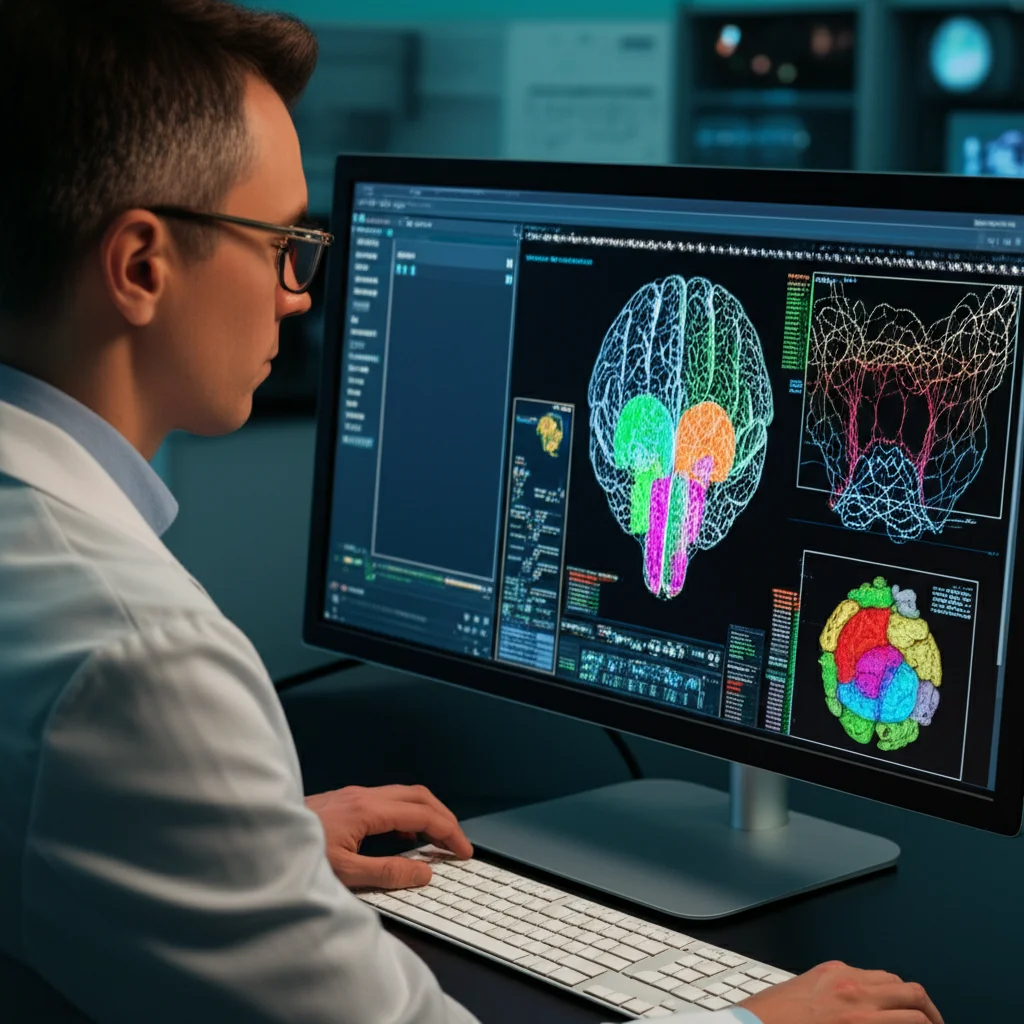 Un ricercatore in camice bianco osserva attentamente uno schermo che mostra una mappa cerebrale colorata e complessa, generata dal software Sami. Macro lens, 60mm, High detail, precise focusing, controlled lighting, l'espressione del ricercatore è concentrata e affascinata.