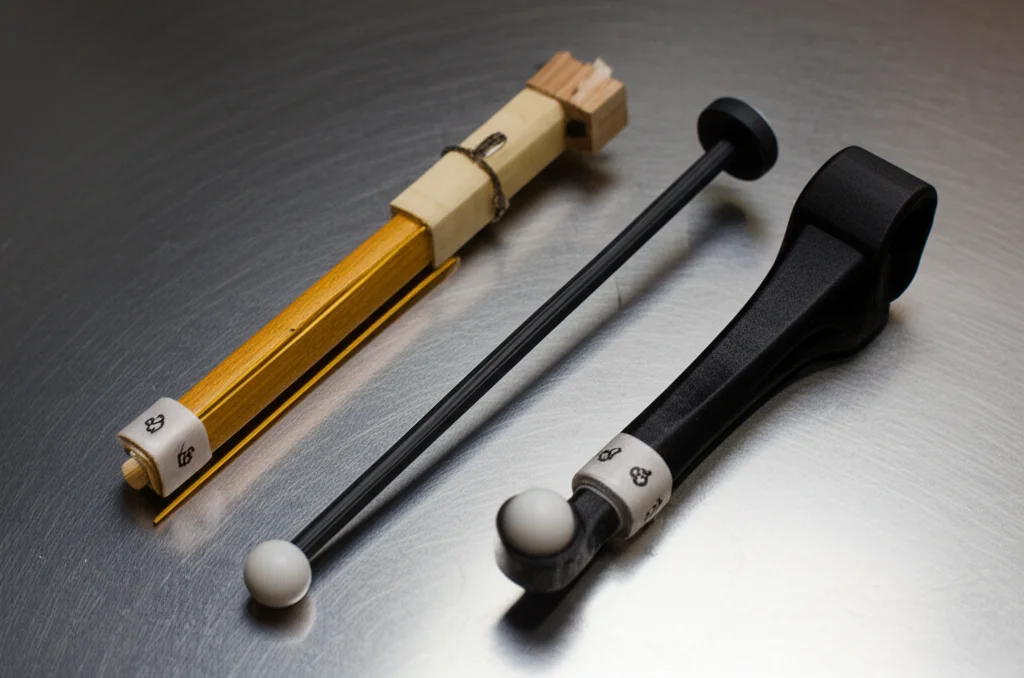 Fotografia macro still life di quattro diversi puntatori strumentati per l'analisi del movimento, disposti ordinatamente su un tavolo da laboratorio con superficie metallica leggermente riflettente. Un puntatore è 'legacy', costruito con parti plastiche e bastoncini di legno, con marker applicati con colla a caldo. Gli altri tre sono due versioni di un design stampato in 3D (uno più lungo e uno più corto) e una variante del legacy. Evidenziare i marker riflettenti sferici su ciascuno. Lente macro, 100mm, alta definizione dei dettagli, illuminazione da studio precisa e controllata per far risaltare le texture dei materiali e la forma dei marker.