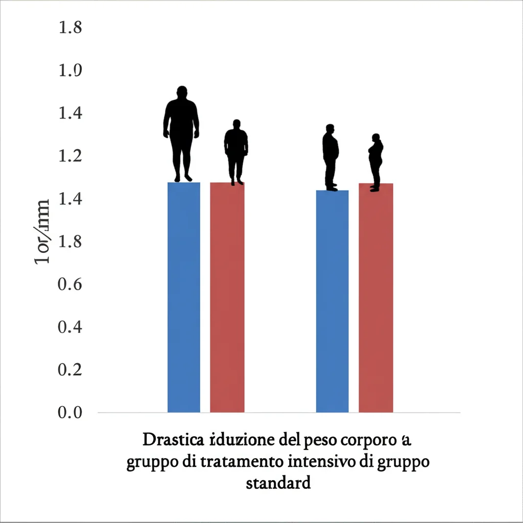 Un grafico a barre che mostra una drastica riduzione del peso corporeo nel gruppo di trattamento intensivo rispetto a una minima variazione nel gruppo standard, con figure stilizzate di persone che diventano visibilmente più snelle. Telephoto zoom, 100mm, per evidenziare i dettagli del grafico, illuminazione chiara e contrastata.