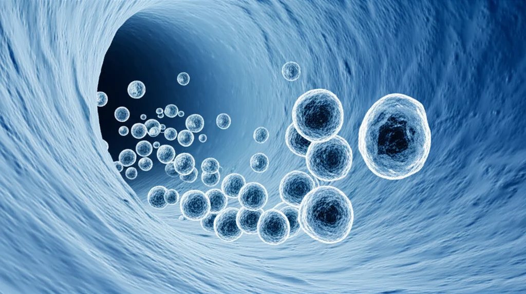 Immagine macro di nanoparticelle di carboplatino che vengono rilasciate in un sistema linfatico stilizzato, illuminazione controllata, alta definizione, focale 60mm, per illustrare il drug delivery mirato nei linfonodi.