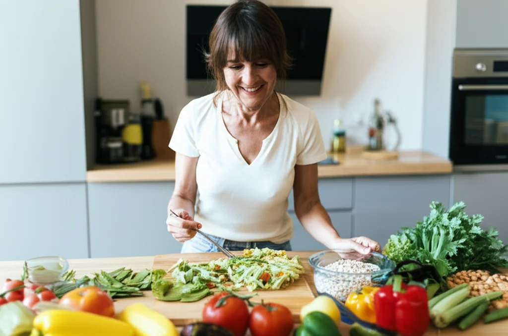 Una donna di mezza età sorridente che prepara un pasto sano e ricco di proteine nella sua cucina luminosa, con verdure fresche e legumi in primo piano. Prime lens, 35mm, depth of field, luce naturale che entra dalla finestra.