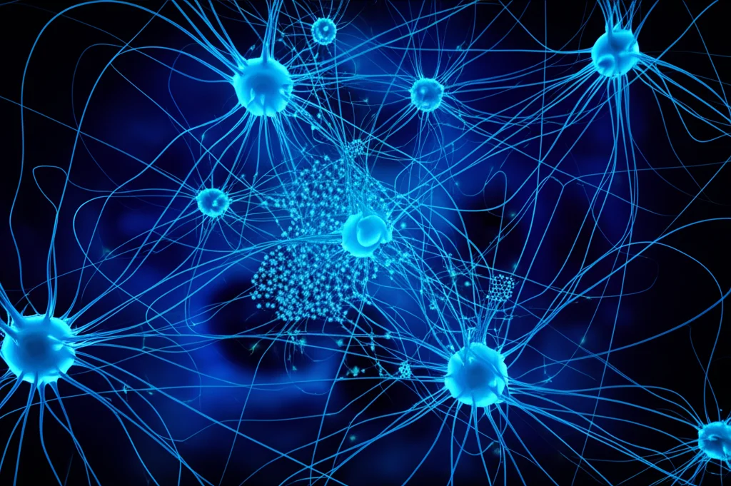 Visualizzazione artistica di una rete complessa di pathway biologici interconnessi, con alcuni percorsi evidenziati in blu a indicare una downregulation. Sullo sfondo, silhouette di neuroni e vasi sanguigni. Obiettivo macro 100mm, alta definizione, illuminazione controllata per enfatizzare i dettagli.