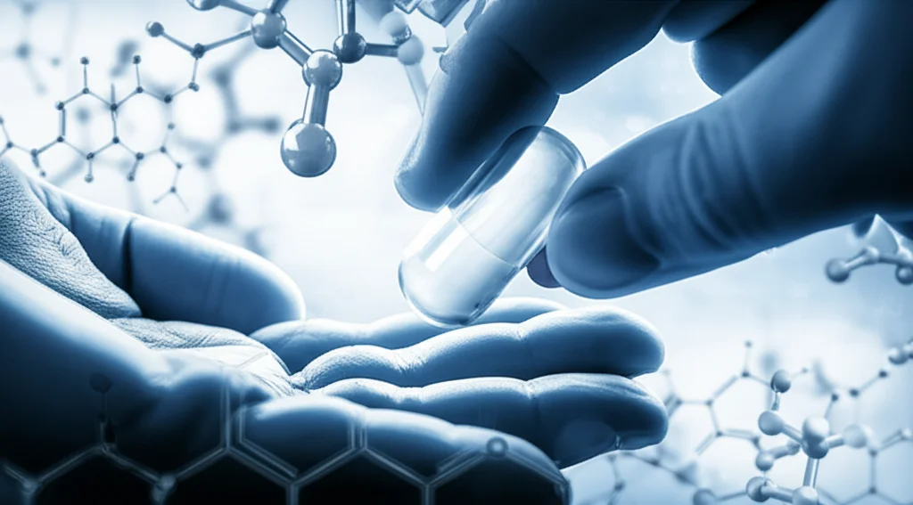 Primo piano di una mano che tiene una capsula di farmaco futuristica, con uno sfondo sfocato di strutture molecolari e grafici di binding proteico. Obiettivo 35mm, profondità di campo, illuminazione che crea un'aura di speranza attorno alla capsula, duotone blu e argento.