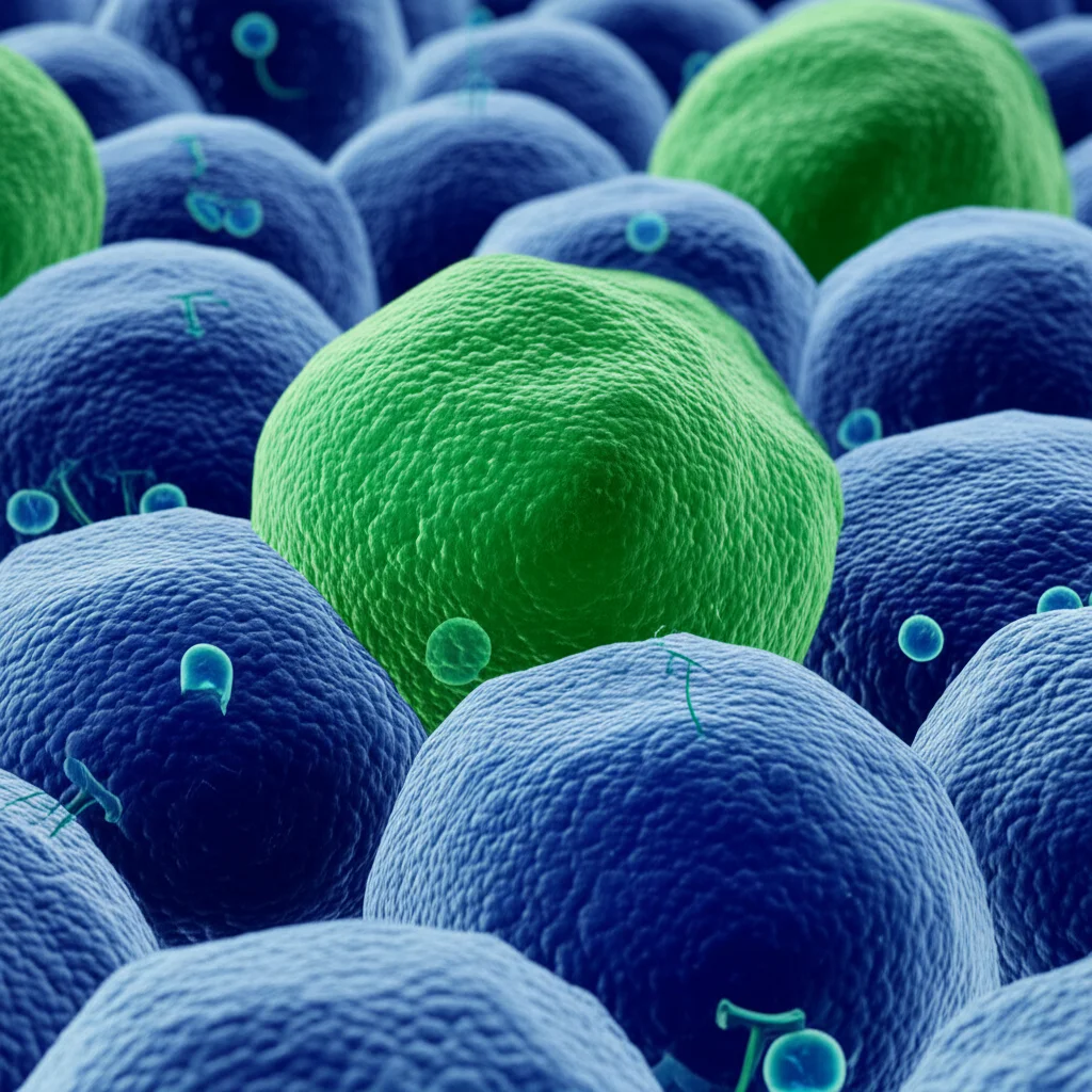 Visualizzazione artistica di cellule T CD8+ (in blu e verde duotone) che attaccano cellule tumorali, con un focus sulla membrana cellulare, stile film noir, profondità di campo, per rappresentare la risposta immunitaria indotta dal carboplatino.