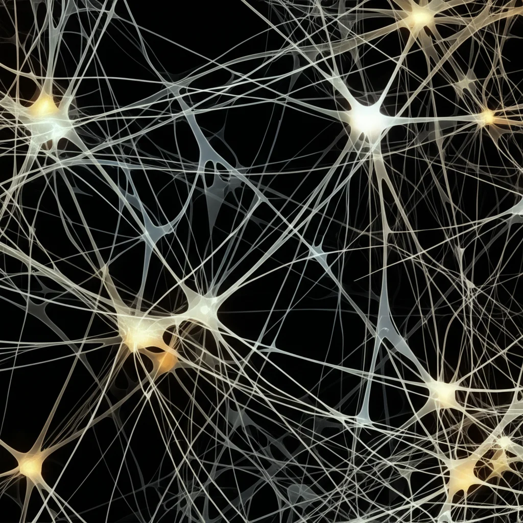 Un'immagine macro di una rete neurale complessa e intricata, con alcuni nodi luminosi che rappresentano l'attività e altri più scuri che indicano degenerazione. Illuminazione controllata per evidenziare i dettagli, obiettivo macro 90mm, alta definizione.