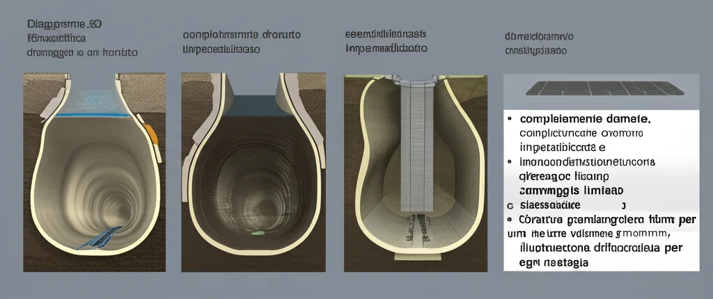 Diagramma 3D fotorealistico che illustra le tre strategie di drenaggio in un tunnel carsico: completamente drenato, completamente impermeabilizzato e principalmente impermeabilizzato con drenaggio limitato. Obiettivo grandangolare 15mm per una visione d'insieme, illuminazione differenziata per ogni strategia.