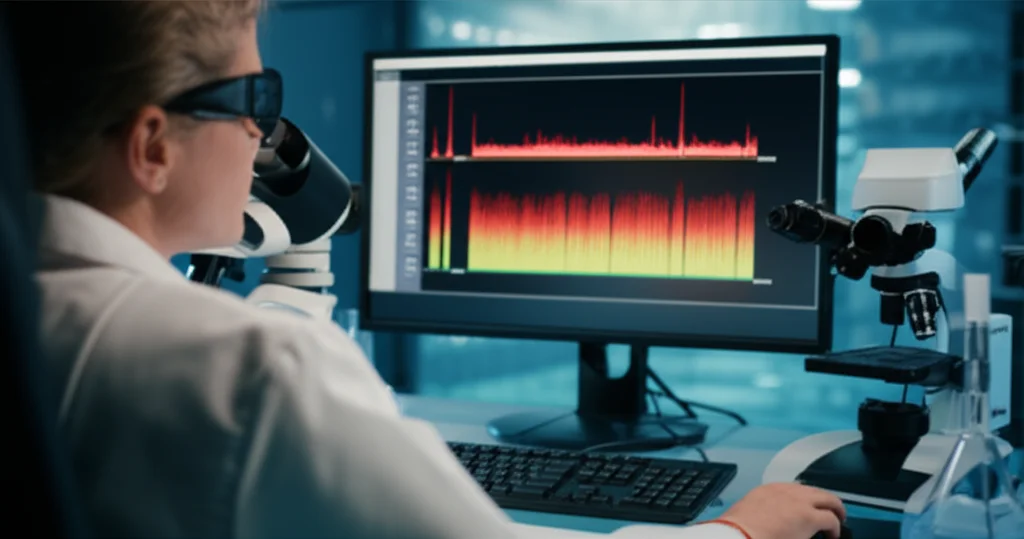 Un genetista forense in un laboratorio high-tech, osserva attentamente un elettroferogramma complesso su un monitor. Lenti prime, 35mm, illuminazione controllata per evidenziare i dettagli del grafico DNA, profondità di campo per focalizzare sul volto concentrato dello scienziato.