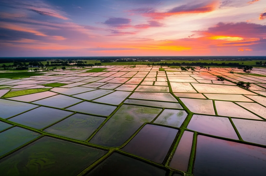 Angolo ampio paesaggio, 10 mm, lunga esposizione, focus acuto, che mostra un vasto paesaggio agricolo costiero in Guyana al tramonto, con intricati motivi di risaie e canali di irrigazione che riflettono il cielo colorato. L'immagine dovrebbe trasmettere un senso di produttività e vulnerabilità.