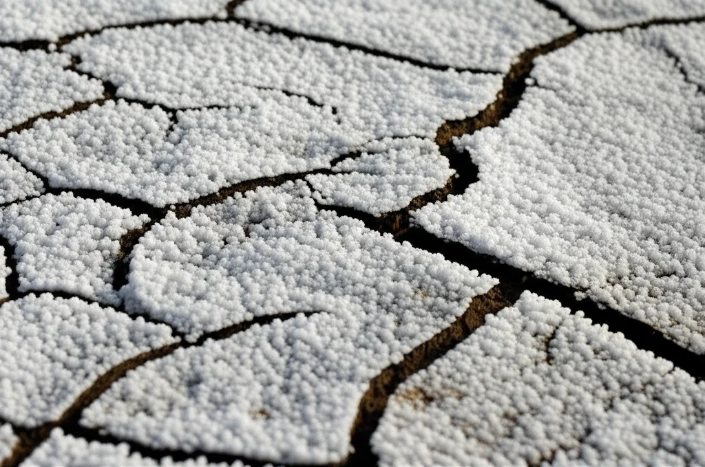 Lenti macro, 60 mm, dettagli elevati, messa a fuoco precisa, illuminazione controllata, che mostrano un primo piano di cristalli di sale che si formano sul terreno agricolo scroolato e screpolato in una regione costiera della Guyana, che simboleggia la minaccia dell'intrusione di salinità.