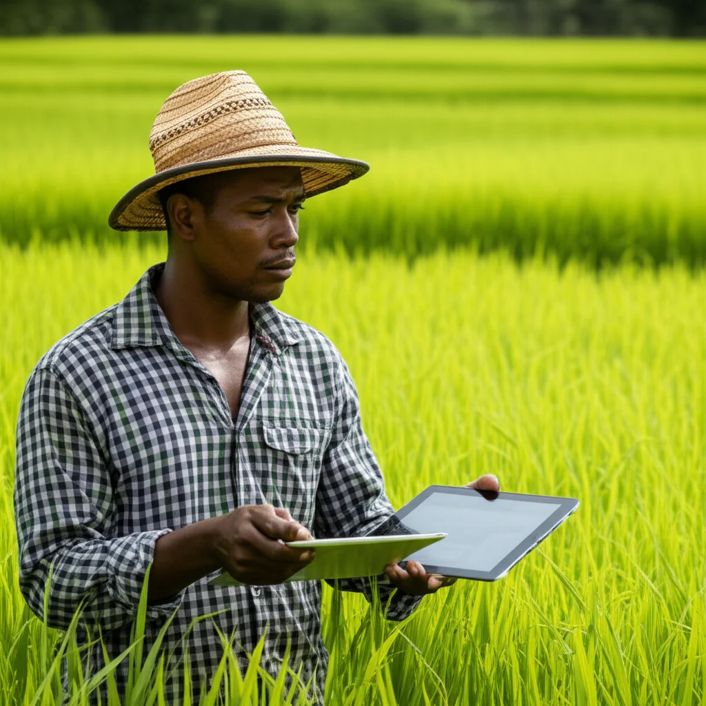 Persone (ritratti), lenti principali, 35 mm, profondità di campo, duotone (verde e marrone), che mostra un contadino della Guyana che guardava pensieroso su un campo di riso, con un tablet a mano che mostra i dati da un sistema di supporto alle decisioni. L'immagine dovrebbe trasmettere speranza e empowerment attraverso la tecnologia.