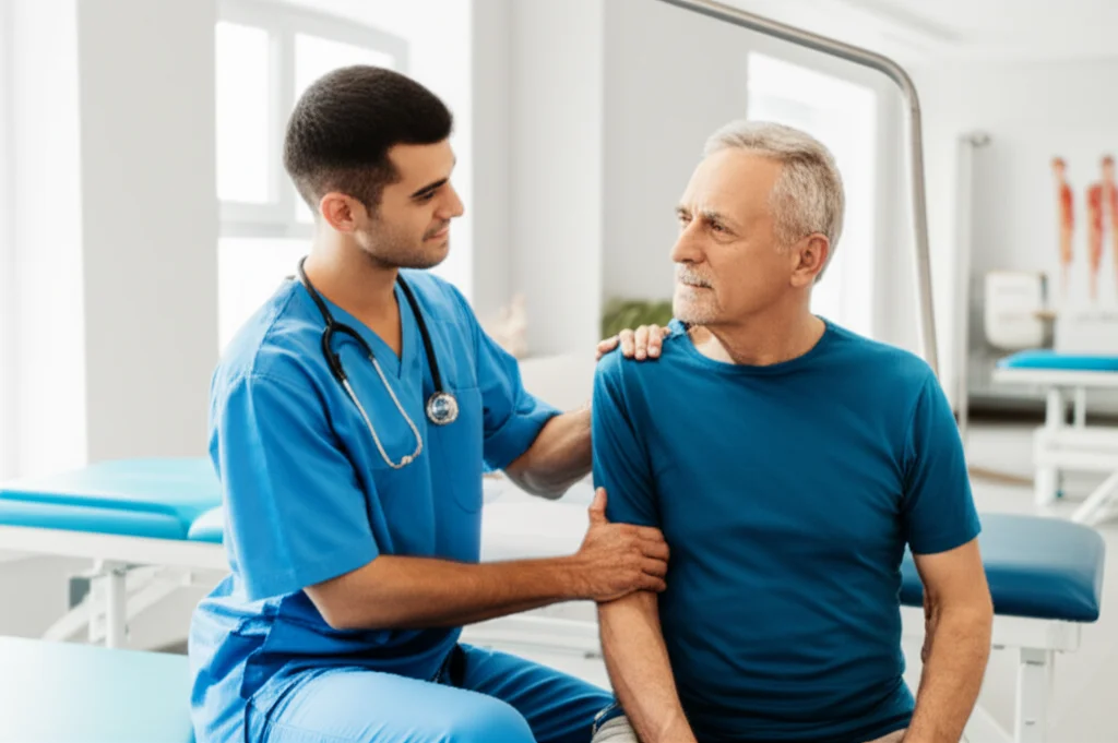 portrait photography, un terapista della riabilitazione che assiste con delicatezza un paziente anziano durante esercizi di estensione del braccio in una clinica luminosa, prime lens 35mm, depth of field, toni caldi e rassicuranti.
