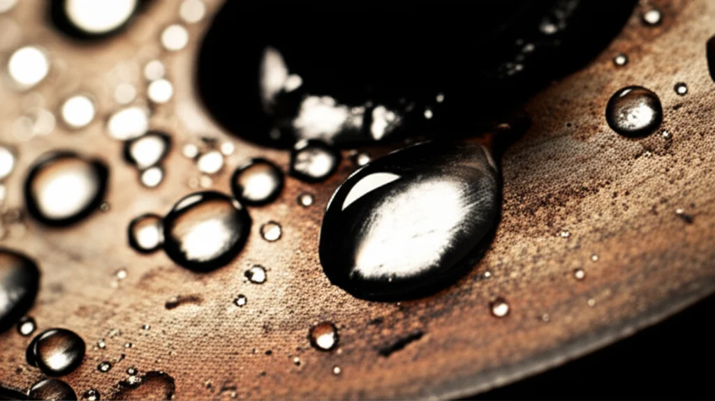 Fotografia macro di goccioline d'acqua che si formano su un ingranaggio industriale arrugginito, a simboleggiare l'inefficienza e lo spreco idrico nel settore manifatturiero. Obiettivo 105mm, illuminazione controllata per esaltare i dettagli della ruggine e la trasparenza dell'acqua, alta definizione.
