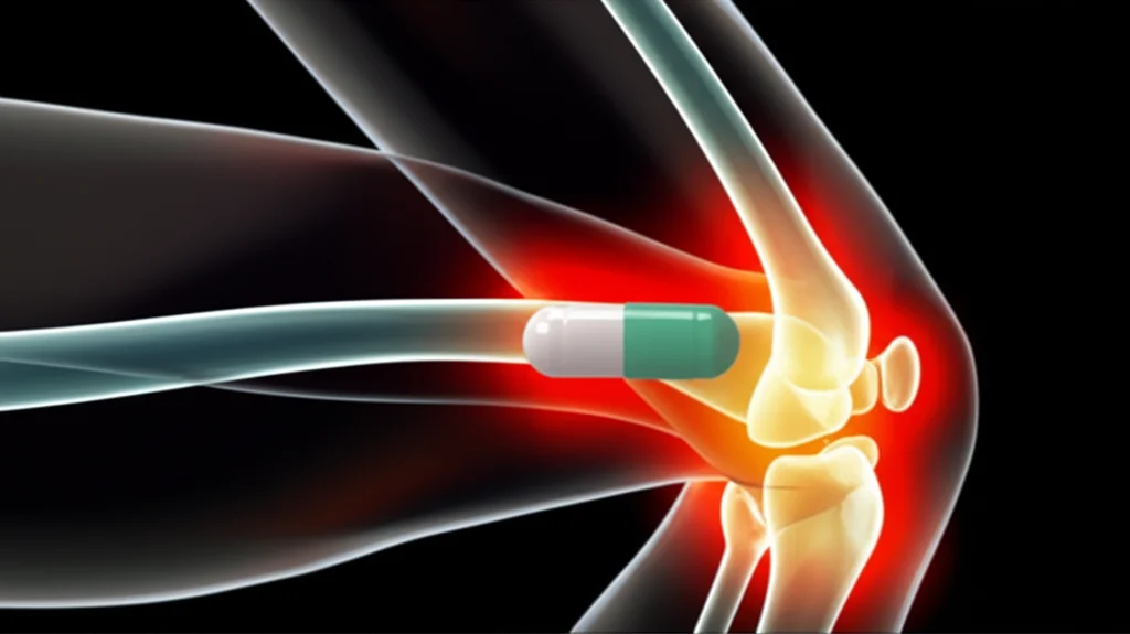 Primo piano macro di una capsula di Dapagliflozin su uno sfondo sfocato di articolazioni stilizzate, illuminazione da studio controllata, alta definizione, obiettivo macro 100mm, a simboleggiare la sua nuova applicazione nell'artrite.