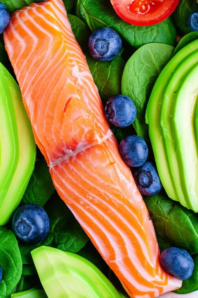 Un piatto colorato con alimenti anti-infiammatori come salmone, avocado, spinaci e mirtilli, fotografato dall'alto con una lente macro da 100mm, illuminazione controllata per esaltare i dettagli e la freschezza.