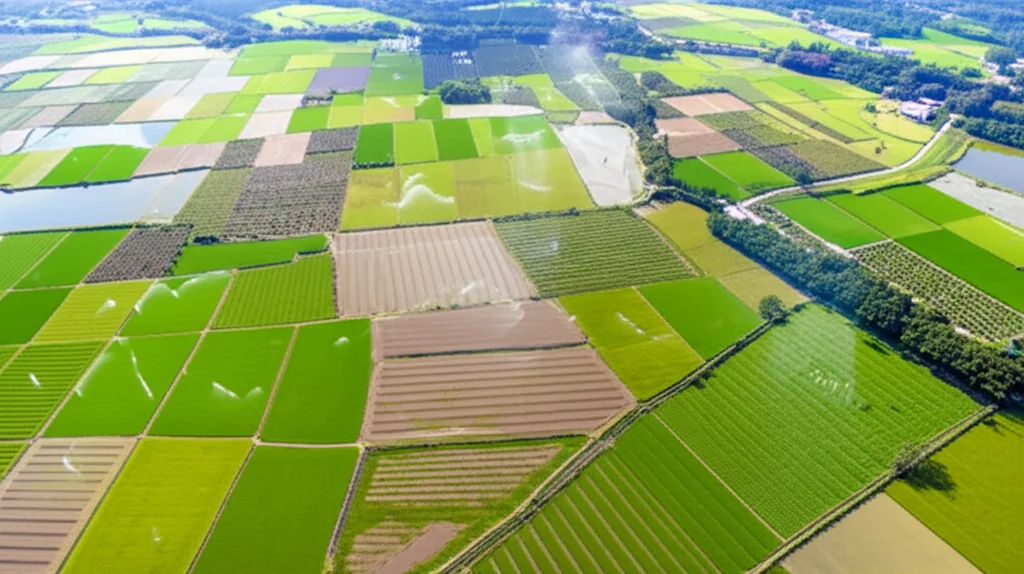 Veduta aerea di un paesaggio agricolo cinese diversificato, con campi di riso, ortaggi e frutta, alcuni dei quali utilizzano sistemi di irrigazione moderni. Obiettivo grandangolare 20mm, luce solare diretta per evidenziare i diversi appezzamenti, focus nitido su tutto il campo visivo, per illustrare la complessità dell'agricoltura e il potenziale di risparmio idrico.