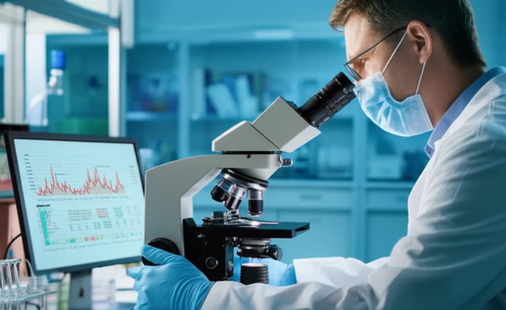 Un ricercatore in un laboratorio di gastroenterologia analizza campioni al microscopio, con grafici di dati relativi al DII e alla colite ulcerosa visibili su uno schermo sullo sfondo. Lente prime, 35mm, profondità di campo, illuminazione da laboratorio.
