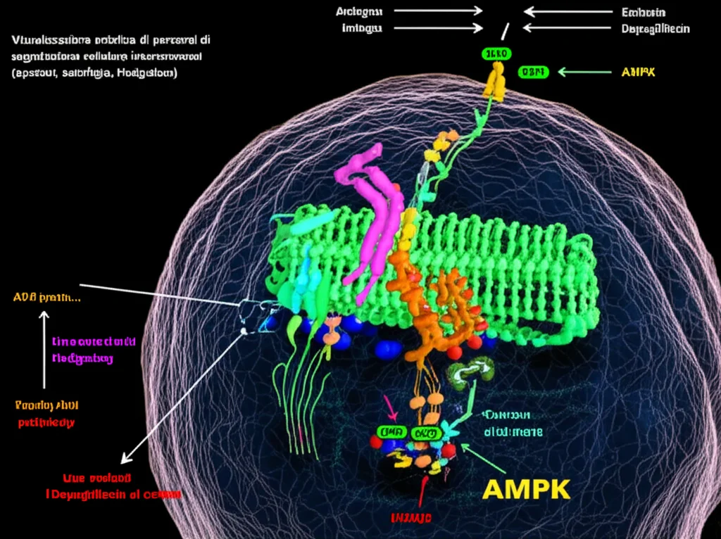 Visualizzazione artistica di percorsi di segnalazione cellulare interconnessi (apoptosi, autofagia, Hedgehog) con una molecola di Dapagliflozin al centro che attiva l'AMPK, colori vivaci su sfondo scuro, stile infografica scientifica, alta definizione, obiettivo macro 60mm per i dettagli molecolari.